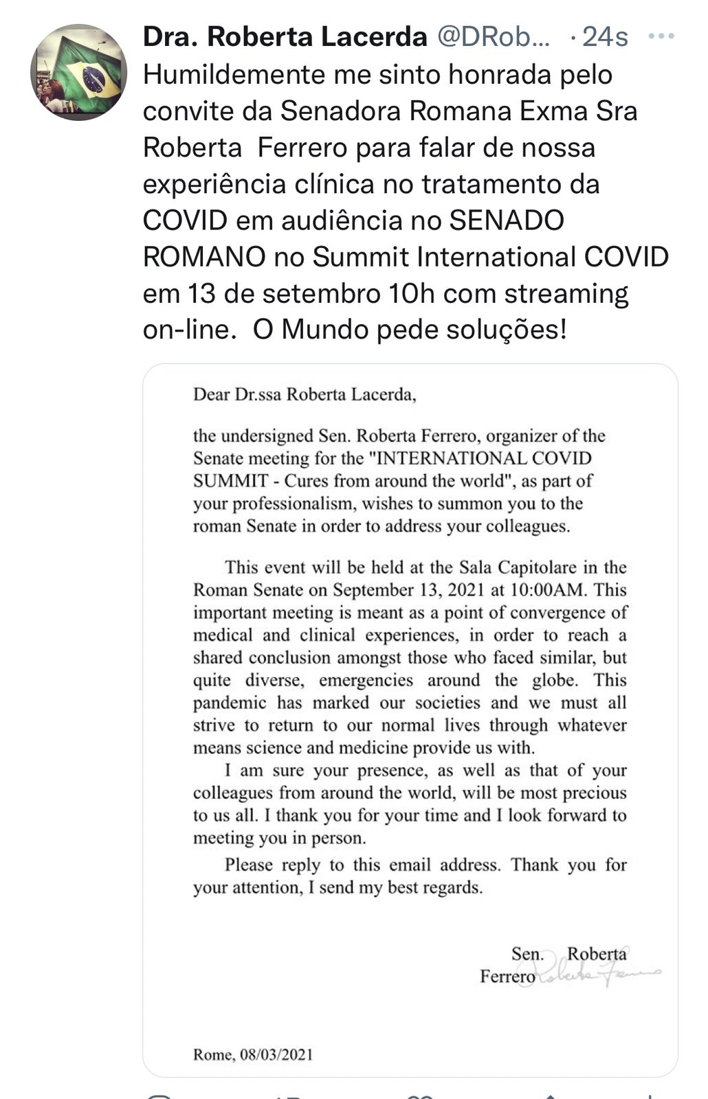 Roberta Lacerda vai falar sobre tratamento contra a covid no Parlamento Romano