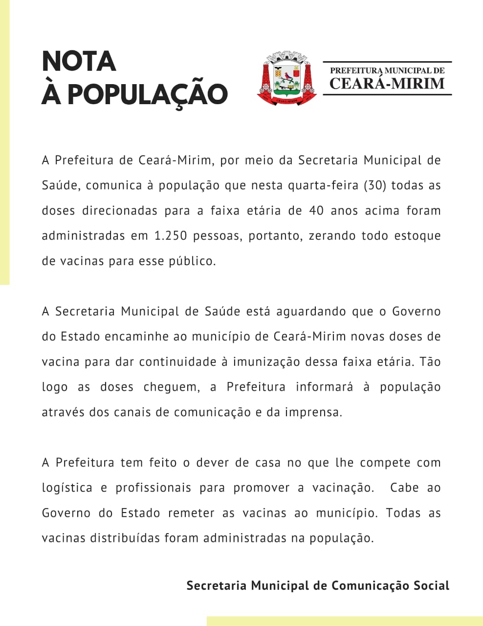 Ceará-Mirim comemora  sucesso da vacinação a partir de 40 anos e solicita ao Governo do RN novas doses de vacinas