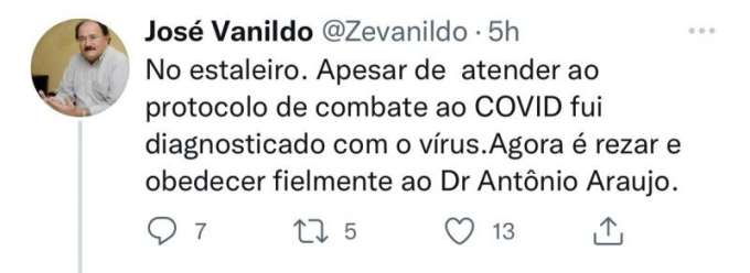 Covid-19 pega Zé Vanildo: “no estaleiro”