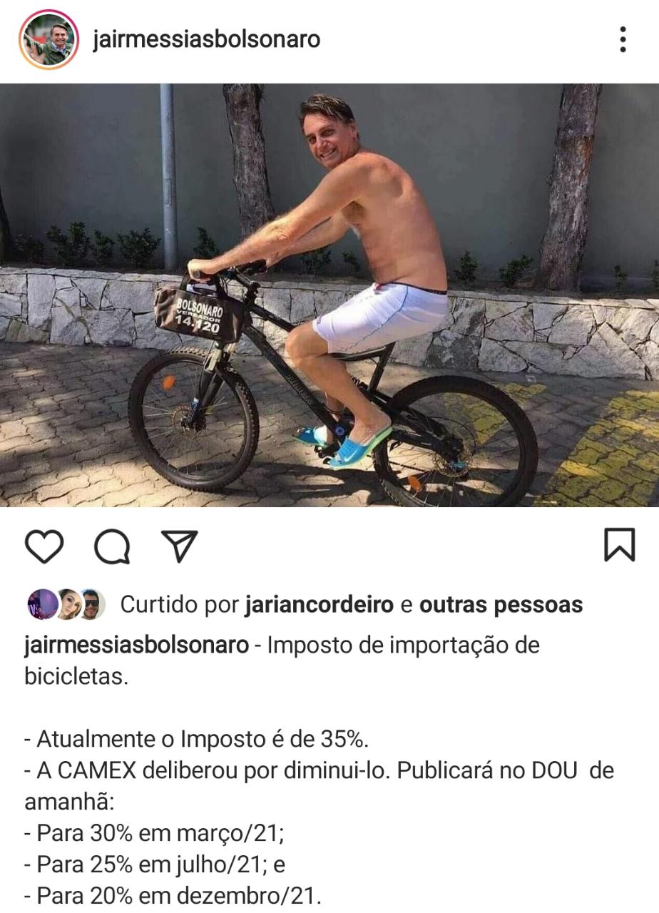 Presidente Bolsonaro anuncia redução no imposto de importação de bicicletas