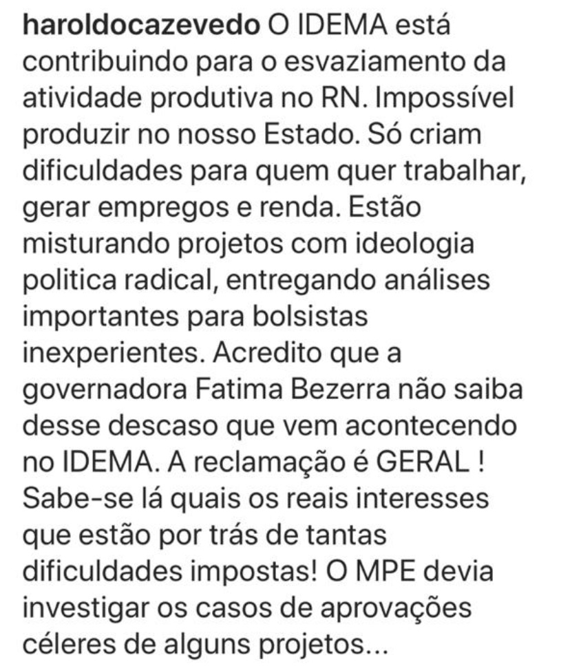 Empresário Haroldo Azevedo faz graves denúncias contra o IDEMA
