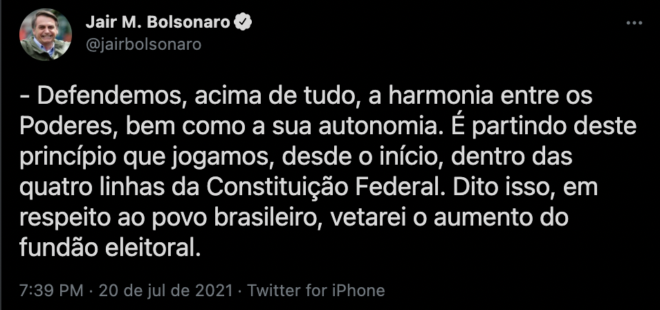 “Vetarei o aumento do fundão eleitoral”, afirma Bolsonaro