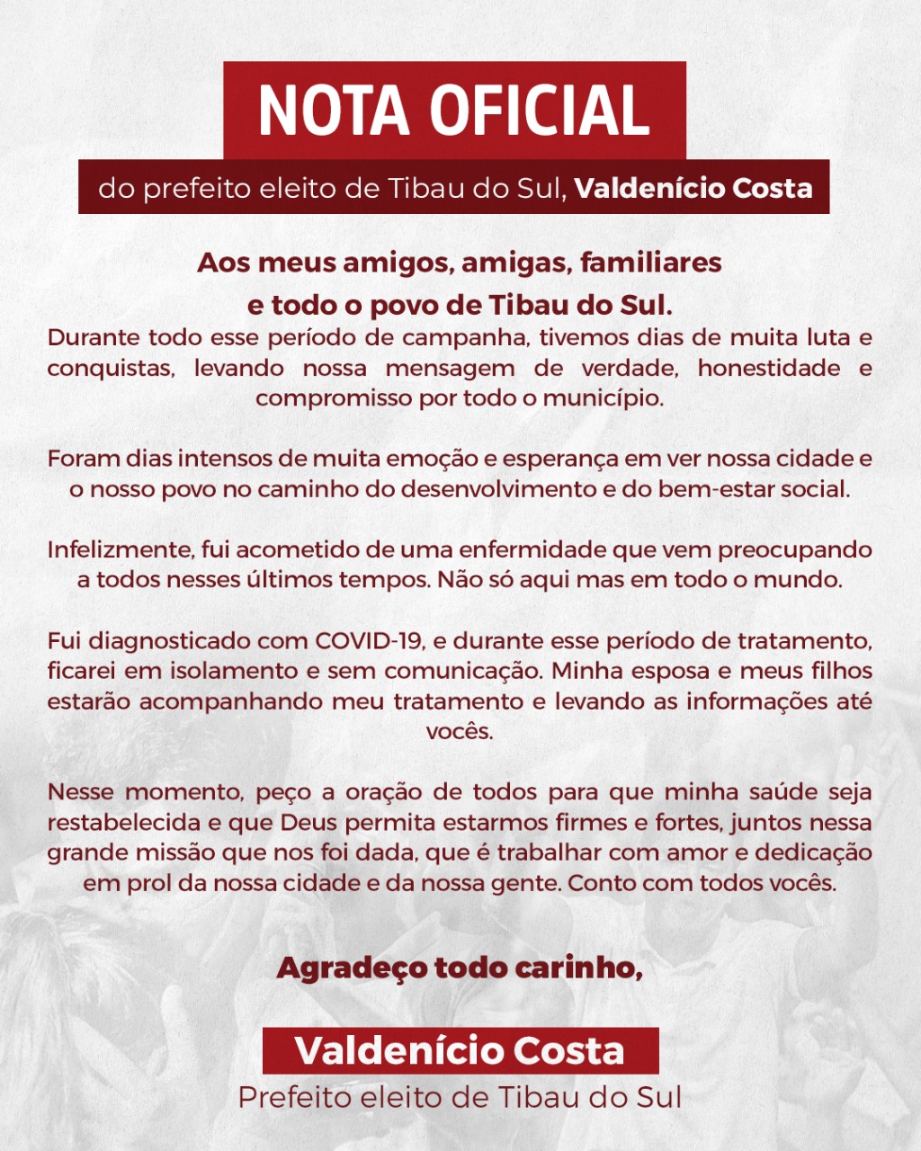 Prefeito eleito de Tibau do Sul está com Covid-19