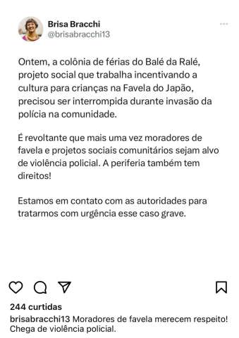 Madame Brisa esquece PM baleado em operação e fala em 
