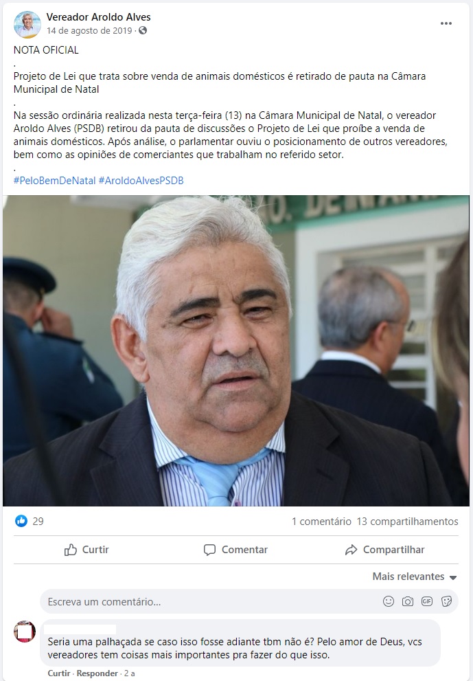 Na calada, Comissão da Câmara aprova projeto que proíbe venda de animais em Natal