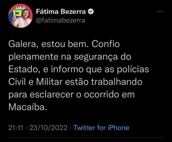 Fátima diz confiar plenamente na segurança