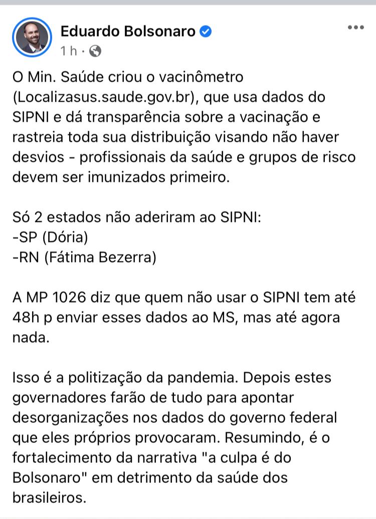 Eduardo Bolsonaro critica Fátima Bezerra e Dória