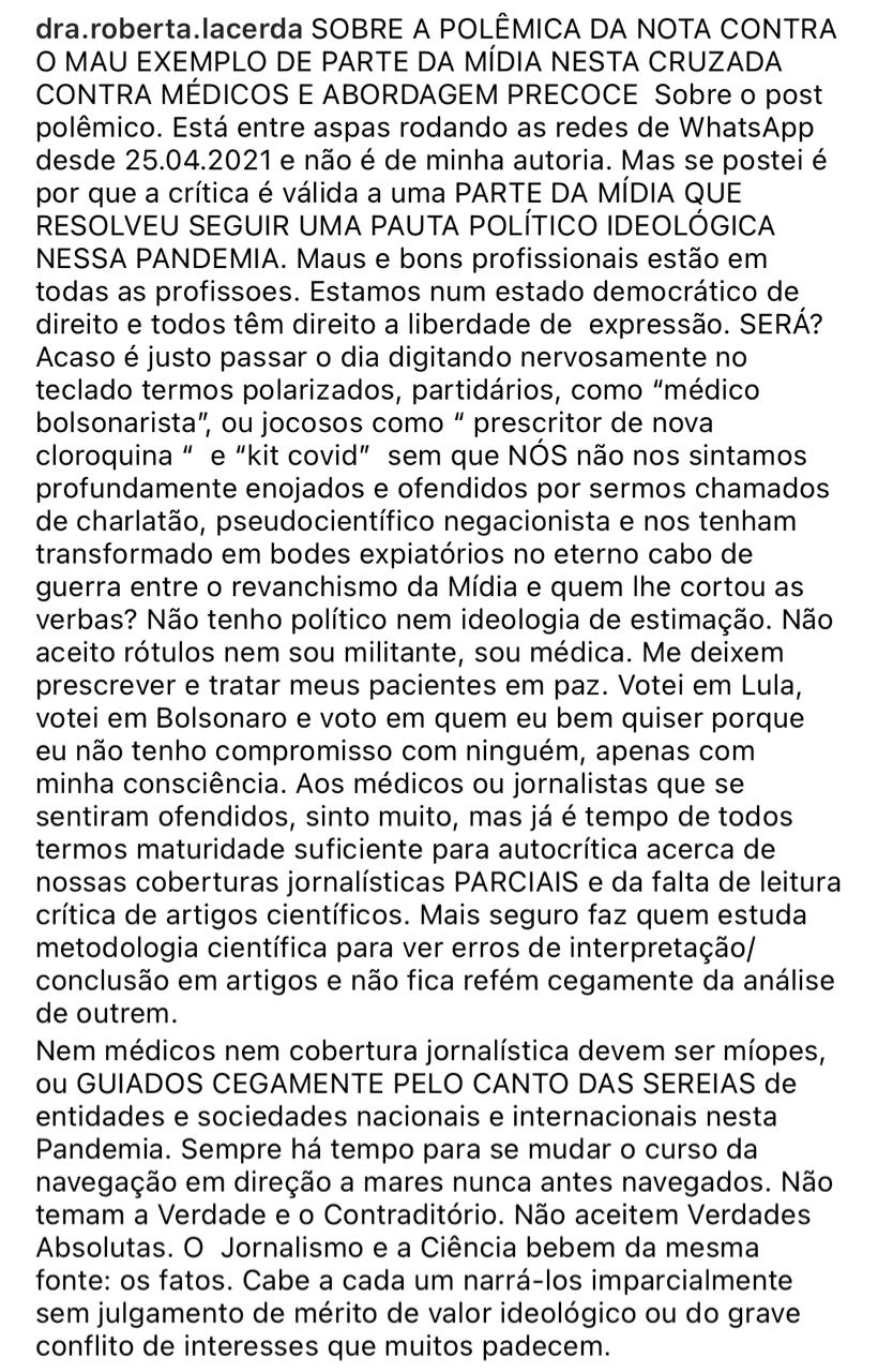 Roberta Lacerda questiona “direito à liberdade de expressão” após sua opinião