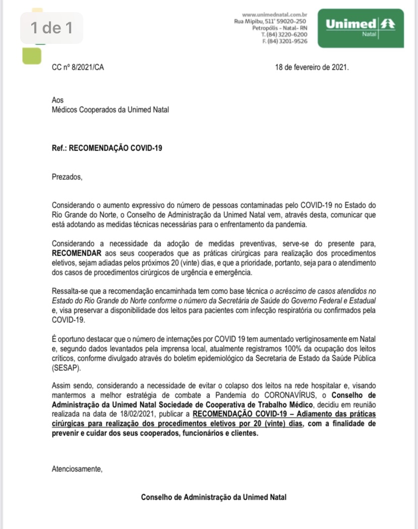 Unimed/SUS recomenda suspensão das cirurgias eletivas