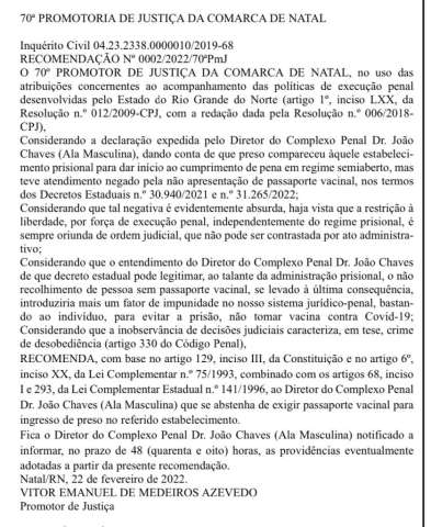 Não é piada: Presídio no RN acha que pode se recusar a receber preso não vacinado