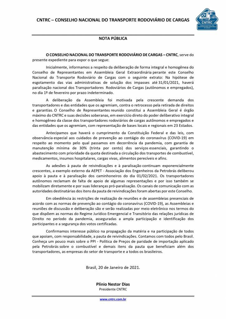 Caminhoneiros confirmam greve no dia 1º de fevereiro