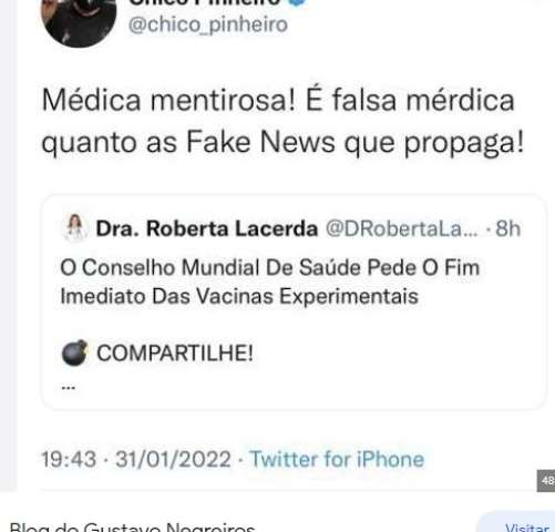 Justiça manda Chico Pinheiro tirar tuíte do ar com ofensas a médica Roberta Lacerda