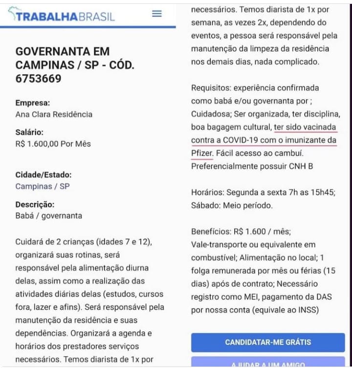 Ser vacinado contra Covid-19 é pré-requisito para concorrer a emprego; saiba onde