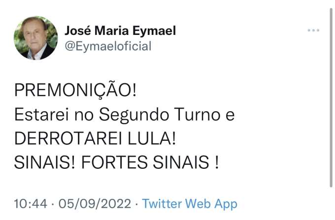 Eymael tem premonição que vai derrotar Lula