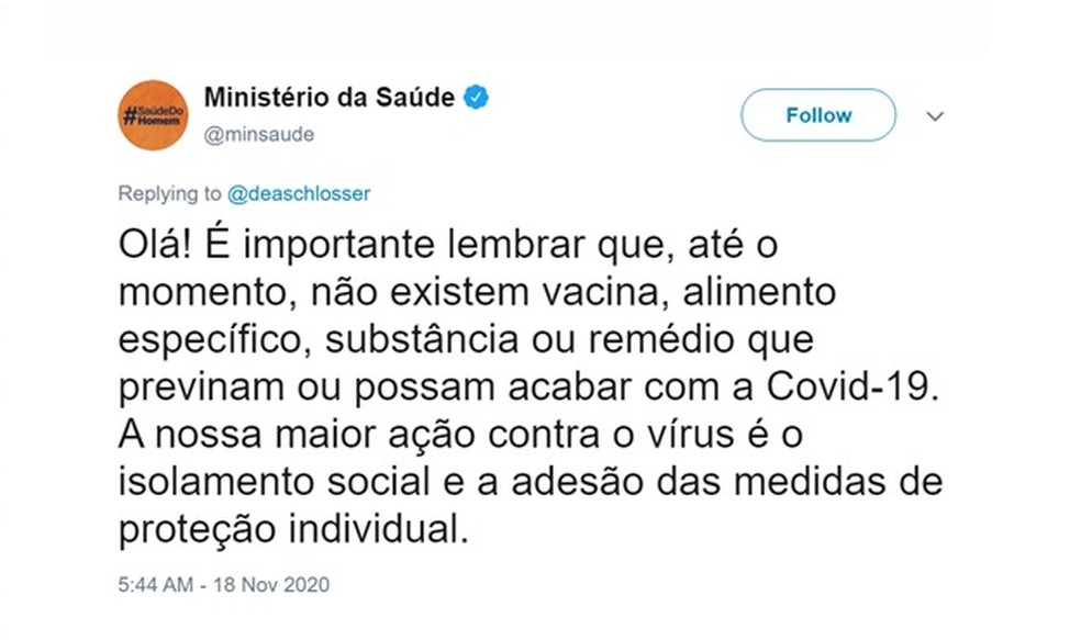 Ministério da Saúde apaga post em que afirmava não haver remédio para a Covid-19