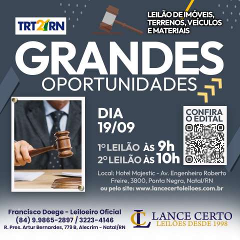 TRT promove leilão de móveis e imóveis no dia 19 de setembro