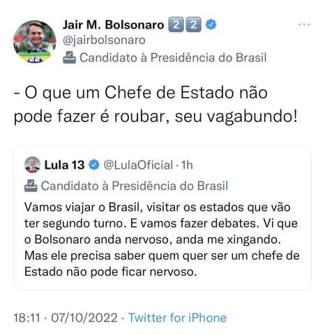 Esse é o Bolsonaro que amamos: Presidente chama Lula de vagabundo