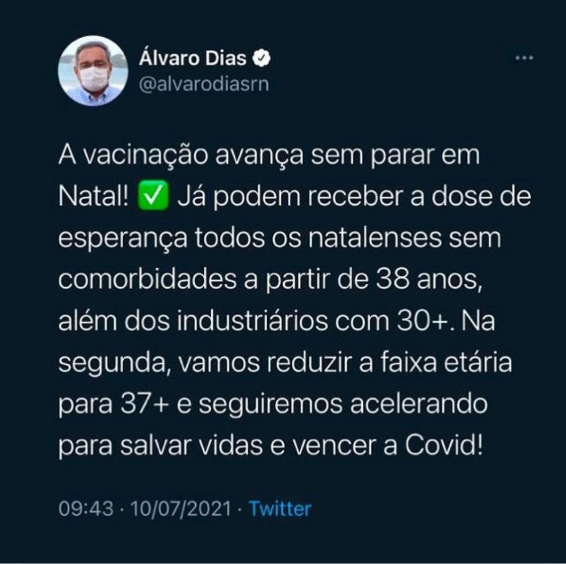 Natal começa vacinar faixa etária dos 37 anos na segunda-feira (12)