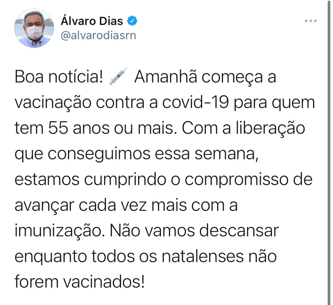 Pessoas com 55 anos ou mais serão vacinadas no sábado (12) em Natal
