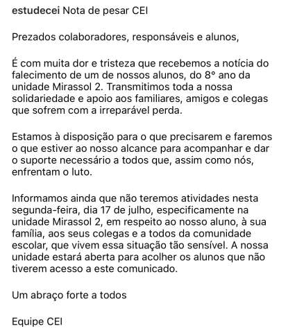 Chocante: Criança de 13 anos, estudante do Colégio CEI Mirassol, morre de depressão