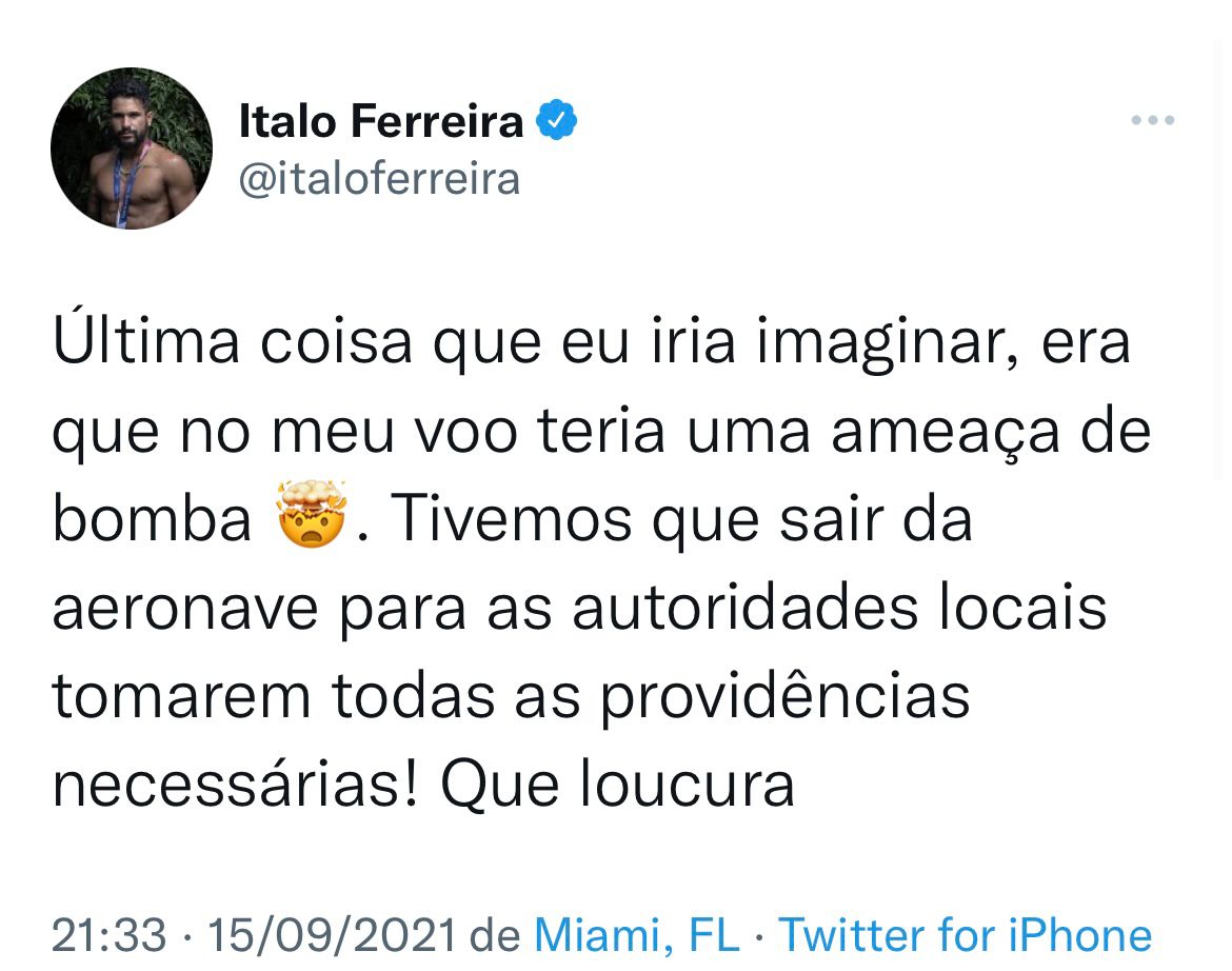 Surfista Ítalo Ferreira relata suspeita de bomba em voo dele nos Estados Unidos