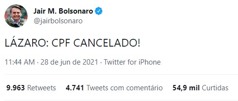 Bolsonaro sobre Lázaro: 
