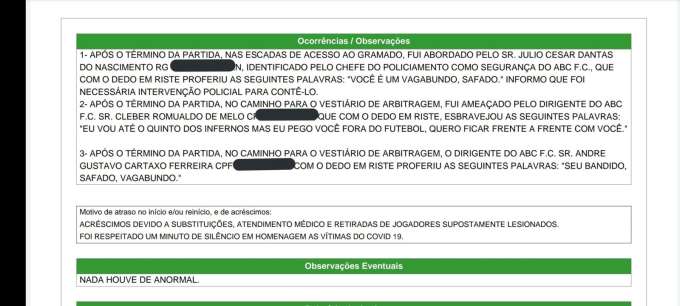 Árbitro de clássico denuncia ameaças feitas por dirigentes do ABC: 