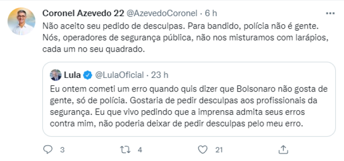 Coronel Azevedo responde a pedidos de desculpas de Lula