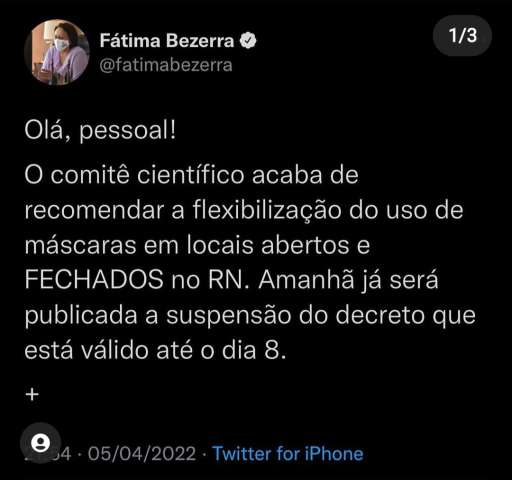 Finalmente: Fátima anuncia fim da obrigatoriedade do uso de máscaras