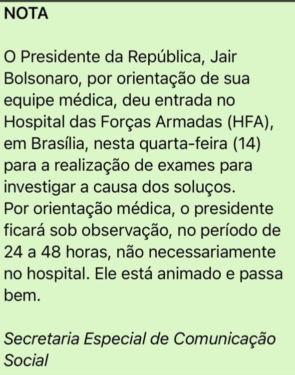 Nota a respeito da saúde de Bolsonaro