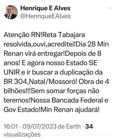 Henrique Alves anuncia entrega da Reta Tabajara e custo da duplicação da BR-304