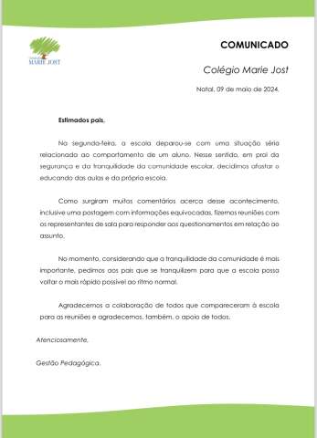 Colégio Marie Jost solta nota para os pais dos alunos