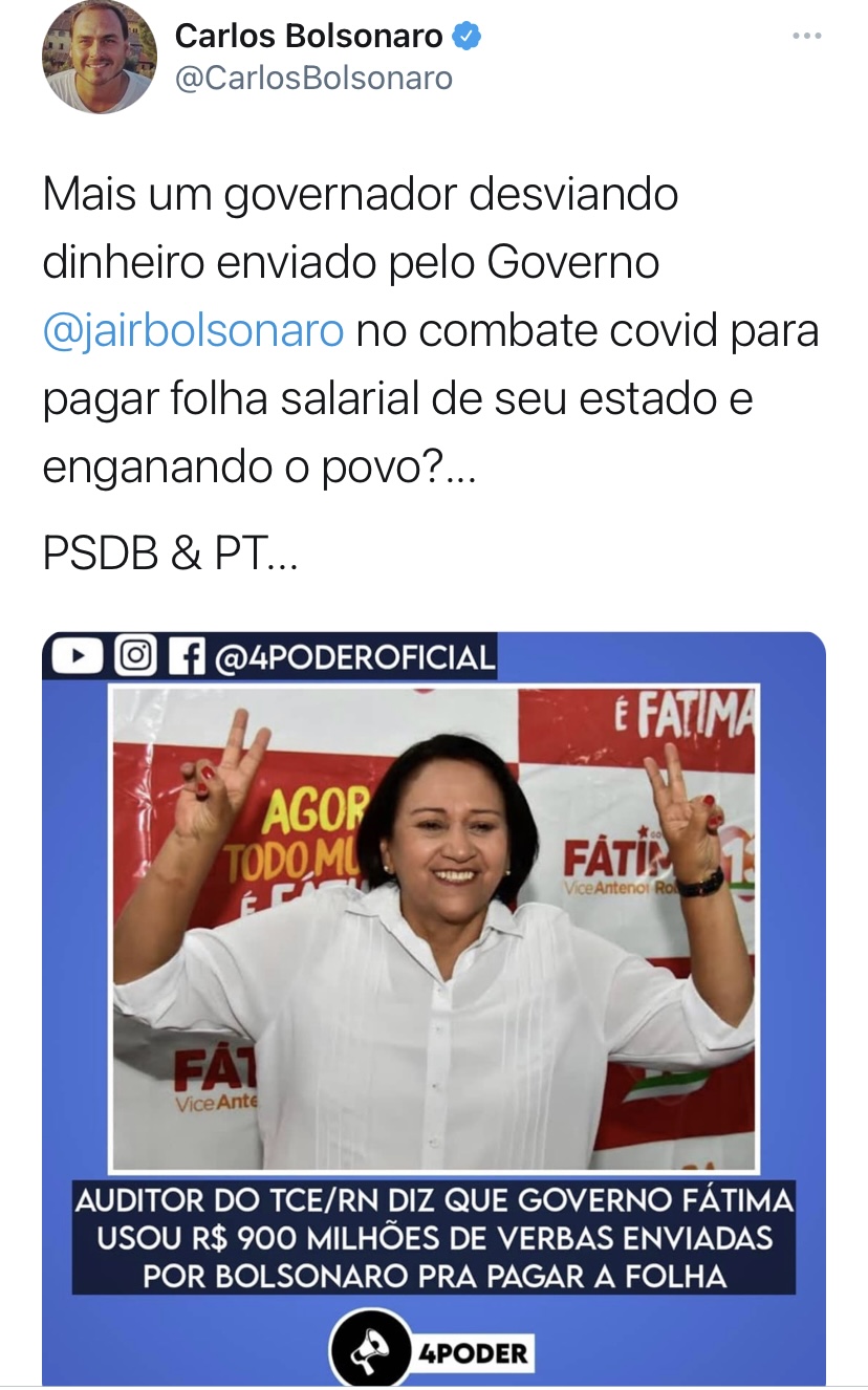 Carlos Bolsonaro acusa Fátima de desvio de R$ 900 milhões enviados para o tratamento do COVID no estado