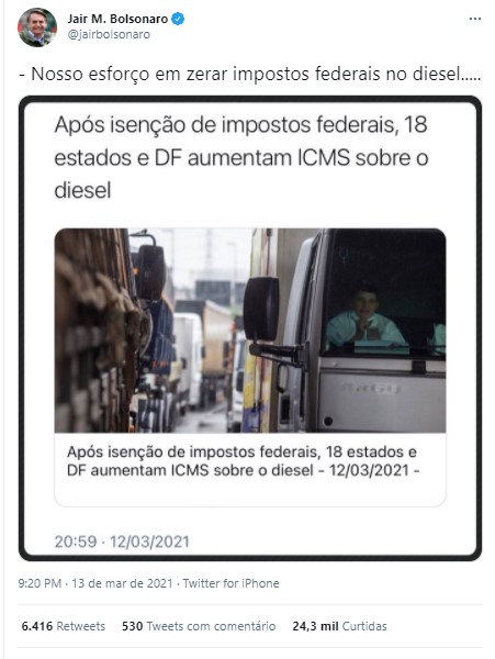 Bolsonaro reposta notícia que derrubou perfil do BG no Instagram