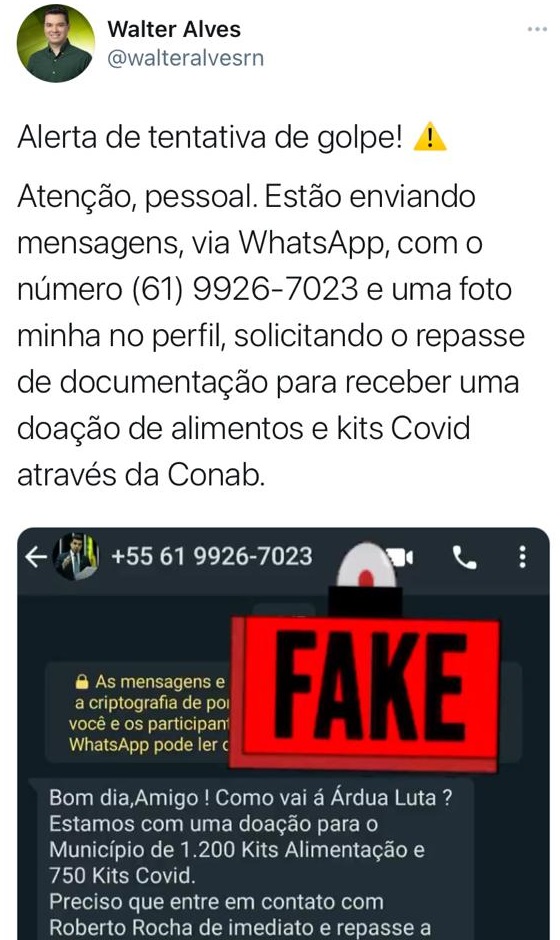 Bandidos usam nome de Walter Alves para aplicar golpe