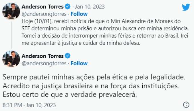 Anderson Torres diz que vai voltar ao Brasil e se apresentar à Justiça