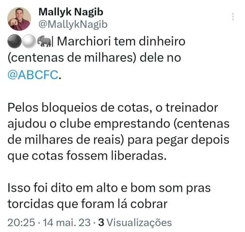 Grave: Repórter da 96 FM revela que técnico do ABC emprestou dinheiro ao clube