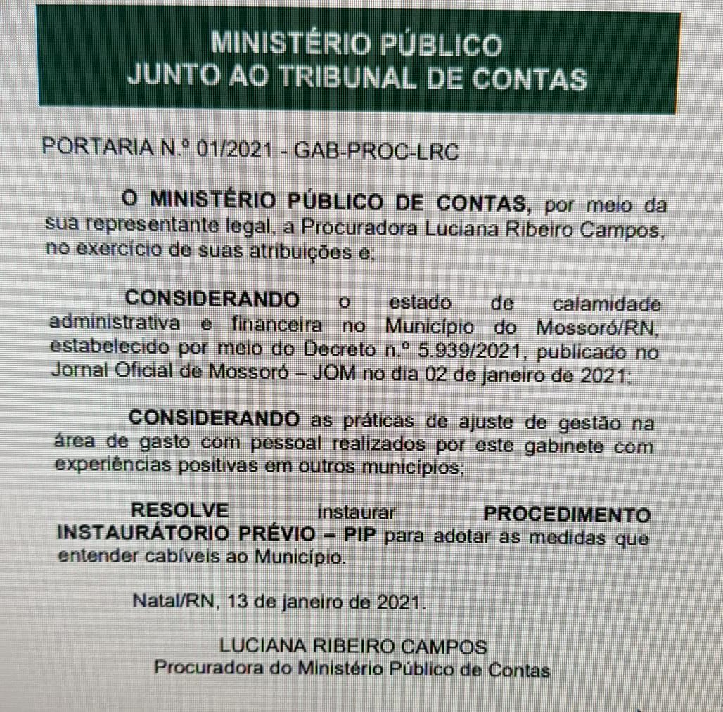 MP do TCE vai analisar decreto de calamidade financeira da prefeitura de Mossoró