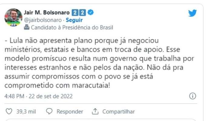 Bolsonaro ataca Lula e diz que petista “é comprometido com maracutaia”