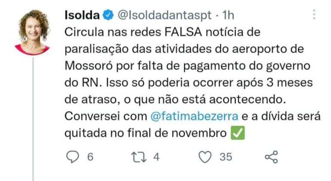 Estridente Isolda e sua fakenews do aeroporto de Mossoró