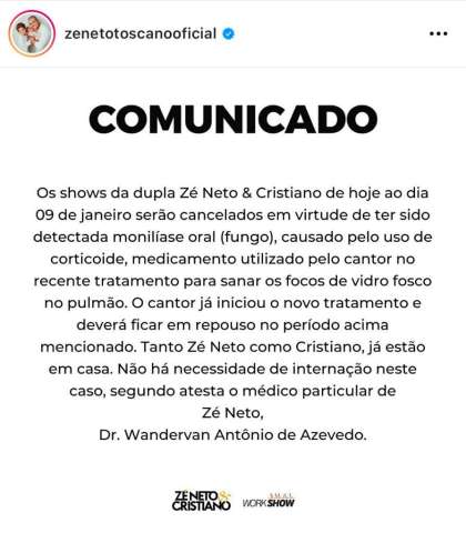 Zé Neto e Cristiano também cancelam show em São Miguel do Gostoso