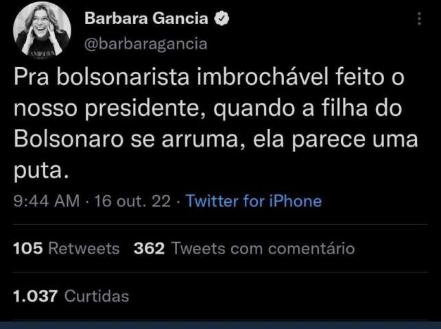 Jornalista Barbara Gancia ataca filha de Bolsonaro de 11 anos: “Parece uma puta”