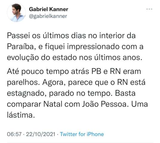 “Parece que o RN está estagnado”, lamenta neto de Nevaldo Rocha
