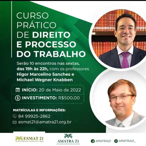 AMATRA21 promoverá curso prático de Direito do Trabalho a partir do dia 20 de maio  