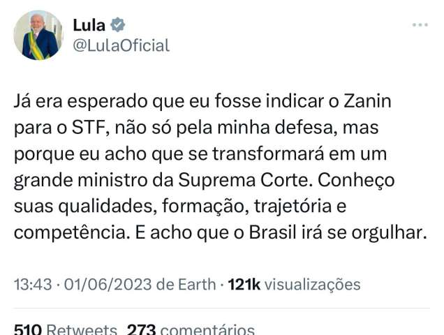 Lula confirma indicação de Zanin ao STF: “Será um excepcional ministro”