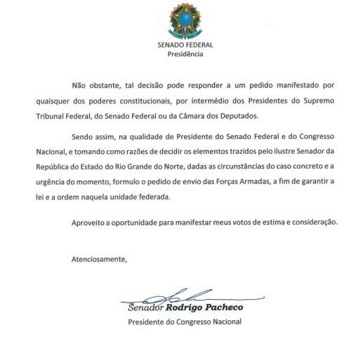 URGENTE: A pedido de Styvenson, Presidente do Senado solicita Forças Armadas ao RN