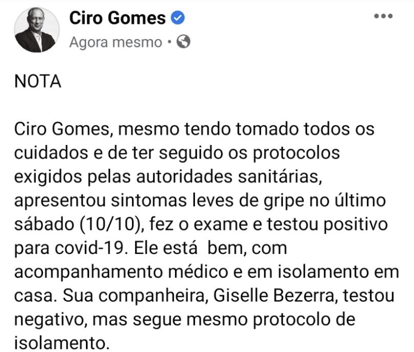 Ciro Gomes com coronavírus