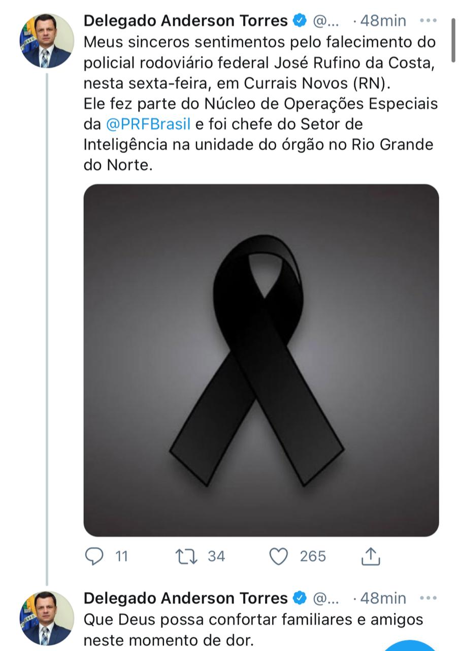 Ministro da Justiça lamenta morte de policial rodoviário no RN e destaca trabalho na PRF