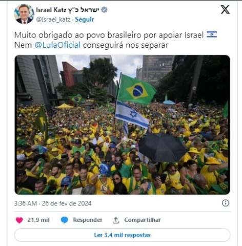 Ministro de Israel posta foto de ato de Bolsonaro e provoca Lula