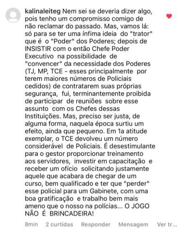 Delegada Kalina Leite revela o que sofreu ao cobrar a devolução de policiais cedidos aos poderes